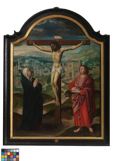 Centralpanel af Triptykon med korsfæstelse og tekster (olie på panel) af Flemish School
