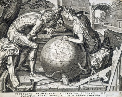 Karakterer, der læner sig over kloden med comppas (allegori for geometri) - gravering, Flandern af Flemish School