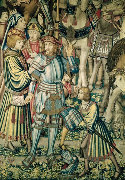 Detalje af hetitten Uriah, der er bevæbnet fra Samling af Rytterne, fra Davids og Batsebas billedtæppe, ca. 1510-15 (se også 98092) af Flemish School