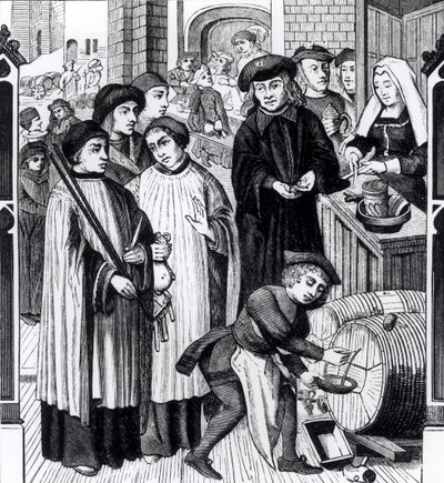 Afgifter på vine, givet til kapitlet i Tournai af kong Chilperic, efter et vindue i katedralen i Tournai af Flemish School