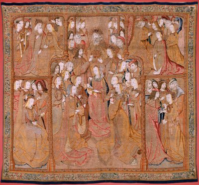 flamsk gobelin. Serie Devotion of Our Lady eller Gyldne klæder. Jomfruens kroning (La Coronación de la Virgen). Fjerde gobelin i serien. Modeltegner fra Colyn de Coters kreds. Fremstilling Pieter van Aelst, Bruxelles. Ca 1500-15 af Flemish School