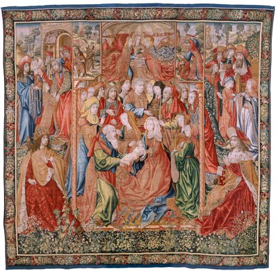 flamsk gobelin. Serie Episoder fra Jomfruens liv; Præsentation ved templet (Presentación en el Templo). Andet gobelin i serien. Modeller tilskrevet Jan van Roome (eller van Brussel). Fremstilling Pieter van Aelst, Bruxelles. Ca 1502-1504. af Flemish School