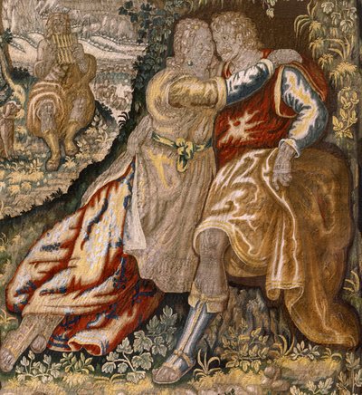 flamsk gobelin. Serie Gallantry (Galante). Par med musiker (Pareja con músico). Fremstilling Bruxelles, begyndelsen af det 17. århundrede. Stof Silke og uld, 5/6 kæder pr. cm. Størrelse 348 x 263 cm. Placering San Millán de la Cogolla kirke, Oncala (Soria) af Flemish School