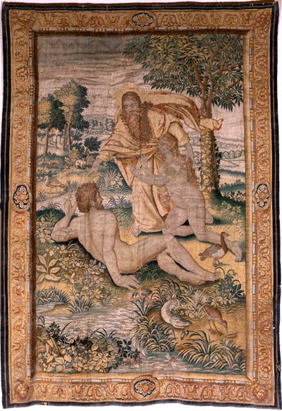 flamsk gobelin. Serien Genesis eller The Creation Man. Gud skaber kvinden og introducerer hende for Adam (Dios crea a la mujer y la presenta a Adán). Model baseret på Michiel Coxcie. Fremstilling af Jan Aerst i Bruxelles. Ca 1630. Stof Silke og uld. af Flemish School