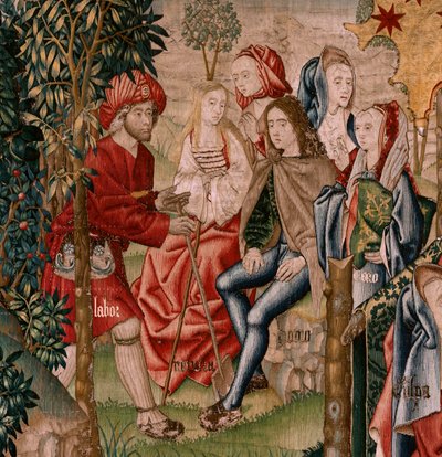 flamsk gobelin. Serien Menneskelig forløsning eller laster og dyder. Laster fører mennesket til synd (Los Vicios conducen al Hombre al pecado). Andet gobelin i serien (det første af dem, der opbevares i Palencia. Bruxelles