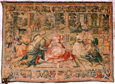 flamsk gobelin. Serien Mark Anthony og Cleopatra. Cleopatra og hendes hof (Cleopatra en su corte). Modeltegnefilm tilskrevet Pieter Coecke van Aelst. Fremstilling Bruxelles(?). Anden halvdel af 1500-tallet. Stof Silke og uld. Størrelse 310 x 435 cm. Oprind af Flemish School