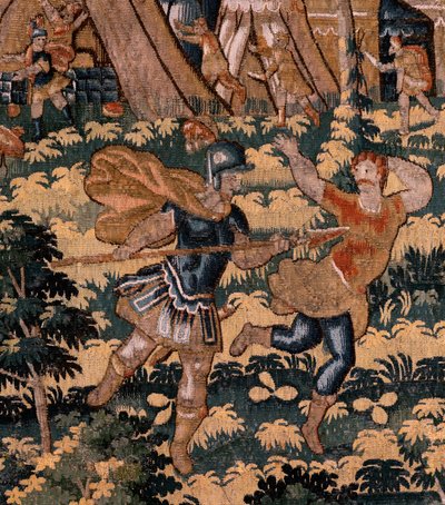 flamsk gobelin. Serien Story of Cyrus. Ingen V Kamp mellem to krigere og Cyrus død (Combate de dos guerreros y muerte de Ciro). Anonym, baseret på Michiel Coxcie. Atelier Antwerpen. Silke og uld. Omkring 1590. af Flemish School