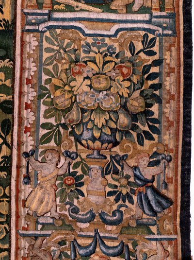 flamsk gobelin. Serien Story of Cyrus. Ingen V Kamp mellem to krigere og Cyrus død (Combate de dos guerreros y muerte de Ciro). Anonym, baseret på Michiel Coxcie. Atelier Antwerpen. Silke og uld. Omkring 1590. af Flemish School