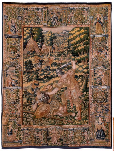 flamsk gobelin. Serien Story of Cyrus. Ingen V Kamp mellem to krigere og Cyrus død (Combate de dos guerreros y muerte de Ciro). Anonym, baseret på Michiel Coxcie. Atelier Antwerpen. Silke og uld. Omkring 1590. af Flemish School