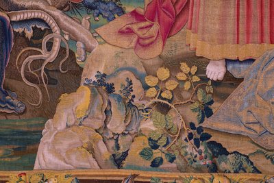 flamsk gobelin. Serie The Apocalypse: Saint Michael besejrer dragen. Atelier Willem Dermoyen, Bruxelles. Ca 1553-1555. Detalje. af Flemish School