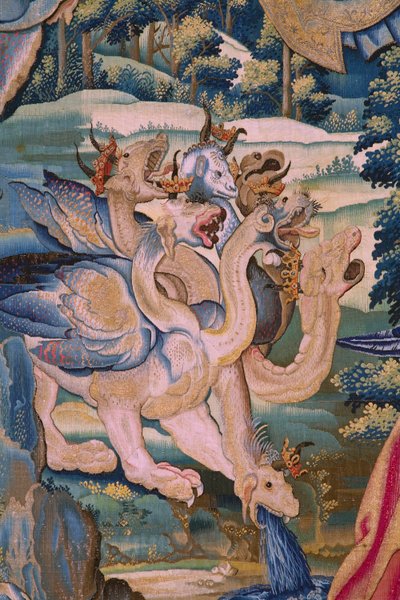 flamsk gobelin. Serie The Apocalypse: Saint Michael besejrer dragen. Atelier Willem Dermoyen, Bruxelles. Ca 1553-1555. Detalje. af Flemish School