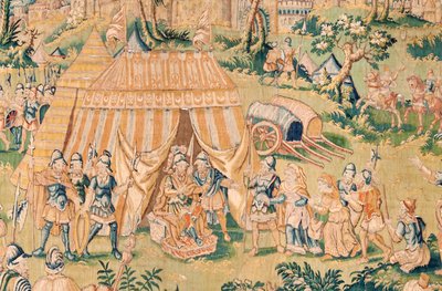 flamsk gobelin. Serien Judiths bog. Judith før Holofernes (Judith ante Holofernes). Femte gobelin i serien. Fremstilling Holland, Bruxelles(?). Anden halvdel af 1500-tallet. Stof Uld. Placering Saint Nicholas of Bari Kirke (mus af Flemish School