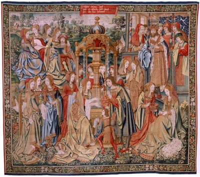 flamsk gobelin. Serien Davids og Batsebas historie. Bathseba ved hendes bad (Betsabé en el baño sorprendida por David). Seriens første panel. Anonym model. Fremstilling ukendt, Bruxelles af Flemish School