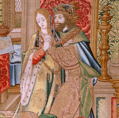 flamsk gobelin. Serien Davids og Batsebas historie. Ægteskab mellem David og Bathsheba (Casamiento de David y Betsabé). Andet panel i serien. Anonym model. Fremstilling ukendt, Bruxelles. 1505. Stof Guld, silke og uld. af Flemish School