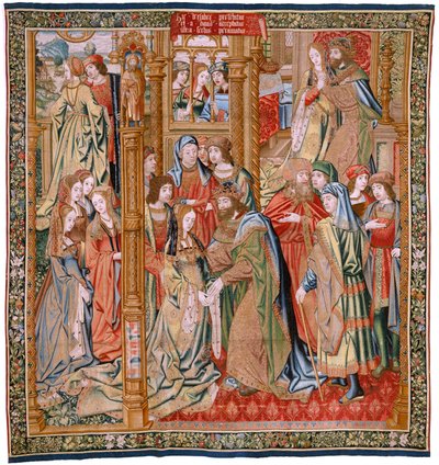 flamsk gobelin. Serien Davids og Batsebas historie. Ægteskab mellem David og Bathsheba (Casamiento de David y Betsabé). Andet panel i serien. Anonym model. Fremstilling ukendt, Bruxelles. 1505. Stof Guld, silke og uld. af Flemish School