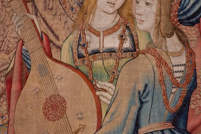 flamsk gobelin. Serien Davids og Batsebas historie. Profeten Nathan irettesætter kong David (El profeta Natán reprende a David). Tredje panel i serien. Anonym model. Fremstilling ukendt, Bruxelles. 1505. Stof Guld, silke og uld. af Flemish School