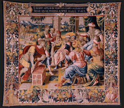 flamsk gobelin. Serien Hannibals historie. Mago, Hannibals budbringer, i Kartago (Magón, mensajero de Aníbal, en Cartago). Femte gobelin af de bevarede. Modeller Anonym mester i Holland. Bruxelles