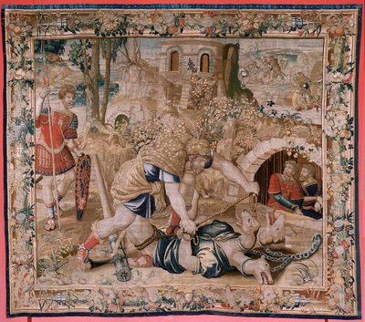 flamsk gobelin. Serien The Labours of Hercules. Hercules fanger Cerberus (Hércules captura a Cancerbero). Sjette gobelin i den eksisterende serie. Model ukendt. Fremstilling Willem Dermoyen, Bruxelles. Ca1528. Stof Silke og uld. Størrelse 345 x 390 cm. Loc af Flemish School