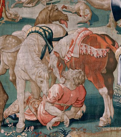 flamsk gobelin. Serien The Labours of Hercules. Diomedes Heste (Los caballos de Diomedes). Tredje gobelin i den eksisterende serie. Model ukendt. Fremstilling Willem Dermoyen, Bruxelles. Ca1528. Stof Silke og uld. Størrelse 350 x 400 cm. Beliggenhed kgl af Flemish School