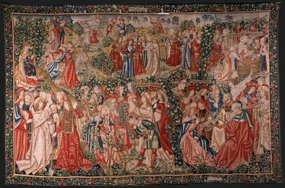 flamsk gobelin. Serien Lignelsen om arbejderne i vingården. Kaldet til arbejderne (La llamada a los trabajadores). Første gobelin i serien. Fremstilling Bruxelles, Pieter van Aelsts værksteder(?). Ca 1500. Stof Silke og uld, 6 kæder pe af Flemish School