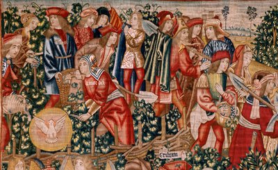 flamsk gobelin. Serien Lignelsen om arbejderne i vingården. Betalingen af denaren (El pago del denario). Andet gobelin i serien. Fremstilling Bruxelles, Pieter van Aelsts værksteder (?). Ca 1500. Stof Silke og uld, 6 kædegarn pr. cm. af Flemish School