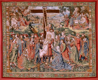 flamsk gobelin. Serien The Passion of Christ. Nedstigningen fra korset (Descandimiento). Den anden billedtæppeserie af Kristi Passion, der tilhører Patrimonio Nacional. Modeltegnere fra Jan van Roomes kreds. Fremstilling Pieter va af Flemish School