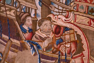 flamsk gobelin. Serie Portugiserne i Indien: Ankomsten til Calicut (Fra Aankomst i Calicut, Llegado de Vasco de Gama til Lissabon). Ca 1510. Samling Caixa Geral de Depósitos, Lissabon. Detalje. af Flemish School