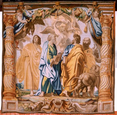 flamsk gobelin. Serien Eukaristiens triumf. De fire evangelister (Los cuatro evangelistas). Elvte gobelin i serien. Model Peter Paul Rubens. 1626-1628. Fremstilling Jan II Raes, Hans Vervoert, Jacques Fobert, Bruxelles af Flemish School