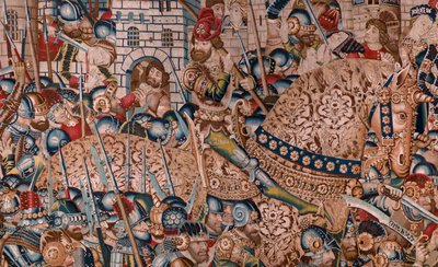 flamsk gobelin. Serien Den trojanske krig. Ødelæggelsen af Troja (Destrucción de Troya). Elvte gobelin i serien. Model Coëtivy Master (Henry eller Conrard de Vulcop). Fremstiller Tournai-værksteder. Ca 1470. Stof Uld og silke, 6/7 kæder pr. cm. af Flemish School