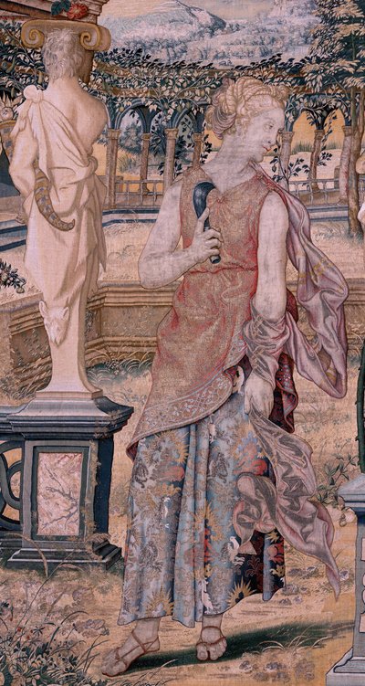 flamsk gobelin. Serien Vertumnus og Pomona. Vertumnus omdannet til en høstmaskine (Vertumno transformado en segador). Første gobelin i serien. Model Circle af Pieter Coeck van Aelst. ; Fremstilling Wilhelm Pannemaker, Bruxelles. Ca 1545-1550. Stof af Flemish School