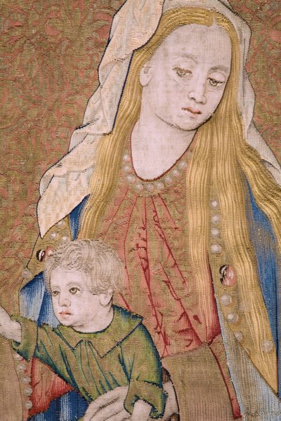 Flemishh Tapestry. Jomfruen med barnet og englene (jomfruen med barnet og en Éngel, Maria mødte slags i Engen). CA 1500. af Flemish School