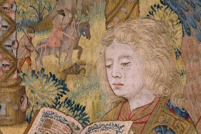flamsk gobelin. Jomfruen med barnet og engle (Jomfruen med barnet og en engel, Maria mødte Kind in engelen). Ca af Flemish School