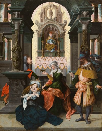 Hellig familie med St. Anne og St. Joachim, 1525 (olie på egetræspanel) af Flemish School