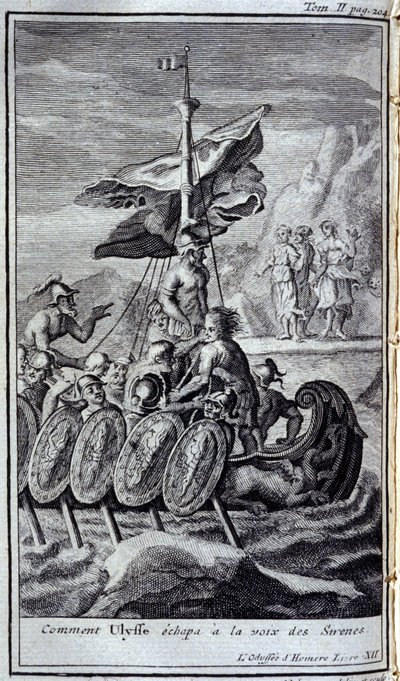 Hvordan Ulysses undslap sirenens stemme. Illustration til bog XII af Odyssey of Homer, i Odyssey, udgivet i Amsterdam i 1731, Collection privee Milan. af Flemish School
