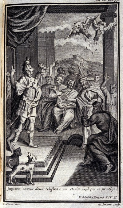 Jupiter sender to ørne: en sut forklarer dette vidunderbarn. Lustration til bog II af Odyssee af Homere, i Odyssee, udgivet i Amsterdam i 1731, Collection privee Milan. af Flemish School