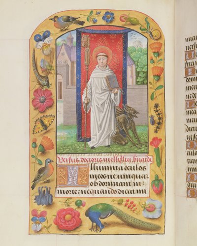 MS 1058-1975 f.161v St. Bernard i en cistercienservane med en lænket djævel bag sig, fra en Timebog, sandsynligvis Brugge, c.1500-05 af Flemish School