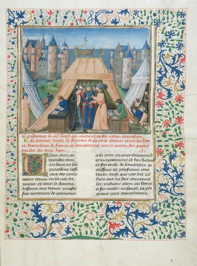 MS W201 f.147 Fredstraktat fra Chroniques dAngleterre (Vol.IV) 1475-80 (tempera på vellum) af Flemish School