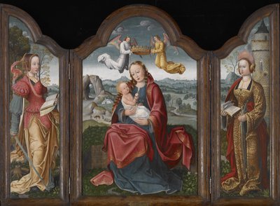 Madonna og barn, St. Barbara og St. Catherine, ca. 1520 (olie på panel) af Flemish School