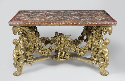 Intarsiabord på fod af udskåret og forgyldt limetræ, 1689 af Flemish School