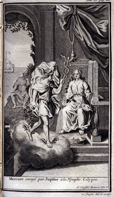 Merkur sendt af Jupiter til nymfen Calypso. Illustration til bog V af Odysseen af Homer, i Odysseen, udgivet i Amsterdam i 1731, Collection privee Milan. af Flemish School