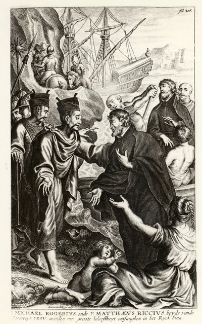 Michael Rogerius (1543-1607) og Matthaeus Riccius (1552-1610) ankommer til Kinas kyst, illustration fra en historie om kirken af P. Cornelius Hazart, udgivet i Antwerpen, 1668 af Flemish School