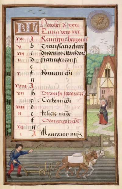 Ms 1058-1975 f10r Pløjning med to heste, oplyst kalenderside for oktober, fra en timebog, ca. 1500 af Flemish School