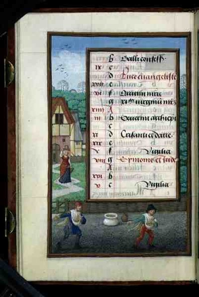 Ms 1058-1975 f.10v To mænd der sår majs, illumineret kalenderblad for oktober, fra en timebog, ca. 1500 (pergament) af Flemish School