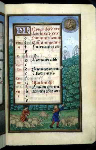 Ms 1058-1975 f.11r hyrde svin og bankende eg, oplyst kalenderside for november, fra en timebog, ca. 1500 (vellum) af Flemish School