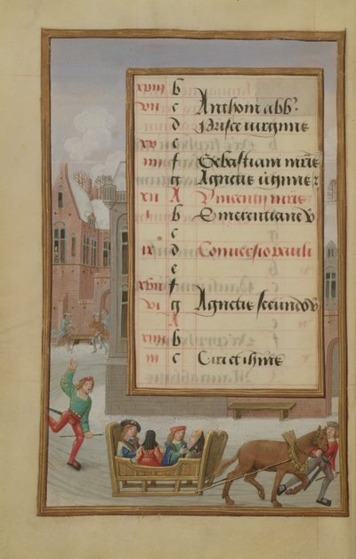 Ms 1058-1975 f1v Street Scene in the Snow, oplyst kalenderside for januar, fra a Book of Hours, ca. 1500 af Flemish School