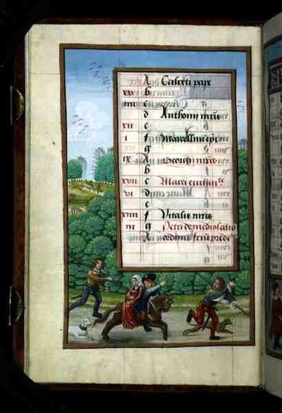 Ms 1058-1975 f4v A Master and his Lady Ride with the Hunt, oplyst kalenderside for april, fra a Book of Hours, ca. 1500 (vellum) af Flemish School