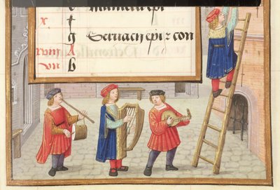 Ms 1058-1975 f.5r Musikere i en brostensbelagt gade, detaljer fra den oplyste kalenderside for maj, fra en 