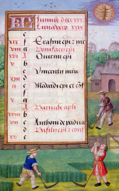 Ms 1058-1975 f6r Slåning af græs, illumineret kalenderblad for juni, fra en timebog, ca. 1500 (pergament) af Flemish School