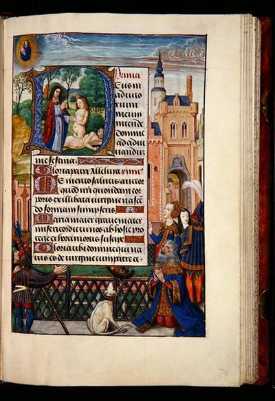 Ms 1058-1975, f.74r: Kong David beder til Jomfruen og Barnet og en historisk initial D, der skildrer skabelsen af Eva, fra en Timebog, Brugge, ca. 1510 (guldblæk & tempera på pergament) af Flemish School