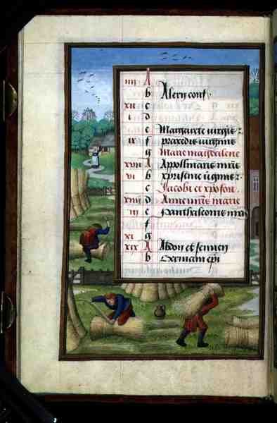 Ms 1058-1975 f7v Binding and Carrying Sheaves, oplyst kalenderside for juli, fra a Book of Hours, ca. 1500 (vellum) af Flemish School